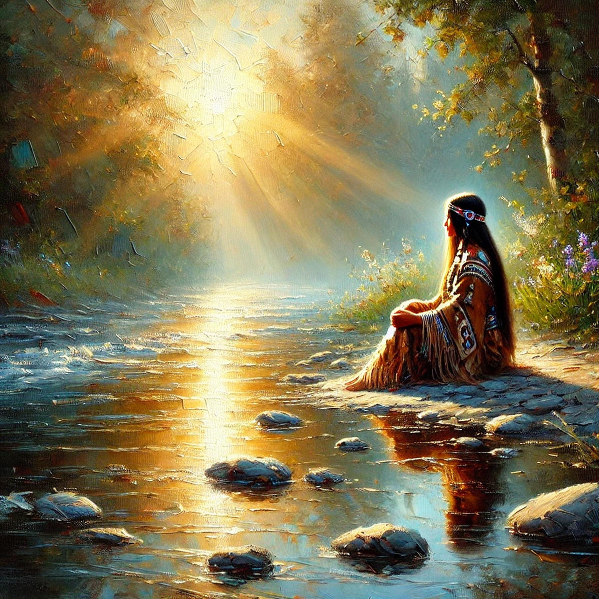 Indigenous Woman River Oil Painting, Spiritual Home Decor (Printable Digital Download)