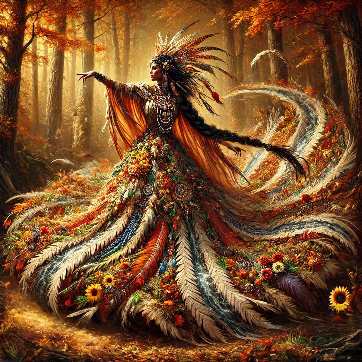 Autumn Forest Goddess Painting: Ethereal Feathered Nature Spirit Digital Art (Printable Digital Download)