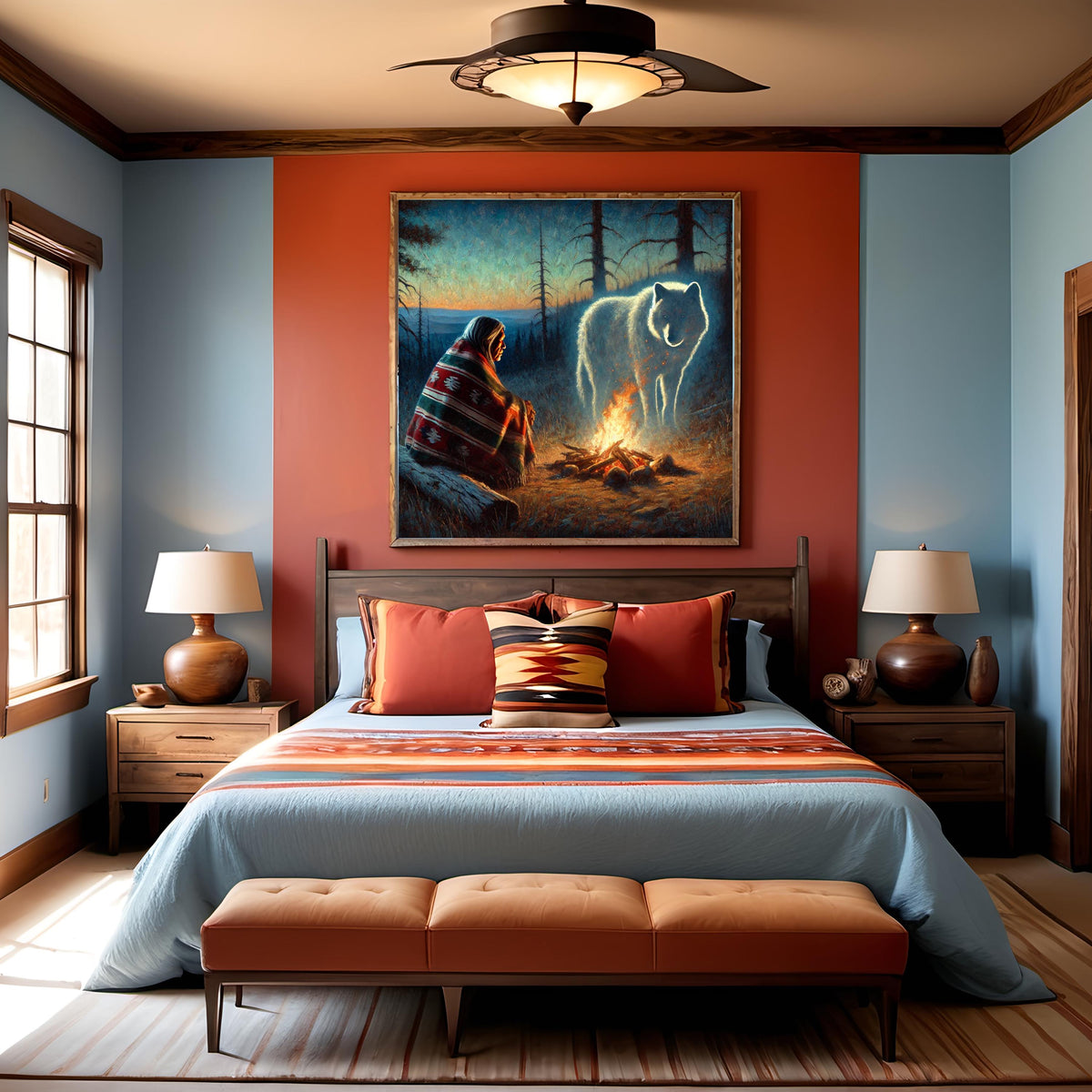 Indigenous Elder and Spirit Wolf Oil Painting Native American Spiritual Wall Art Guardian Animal Digital Art (Printable Instant Download)