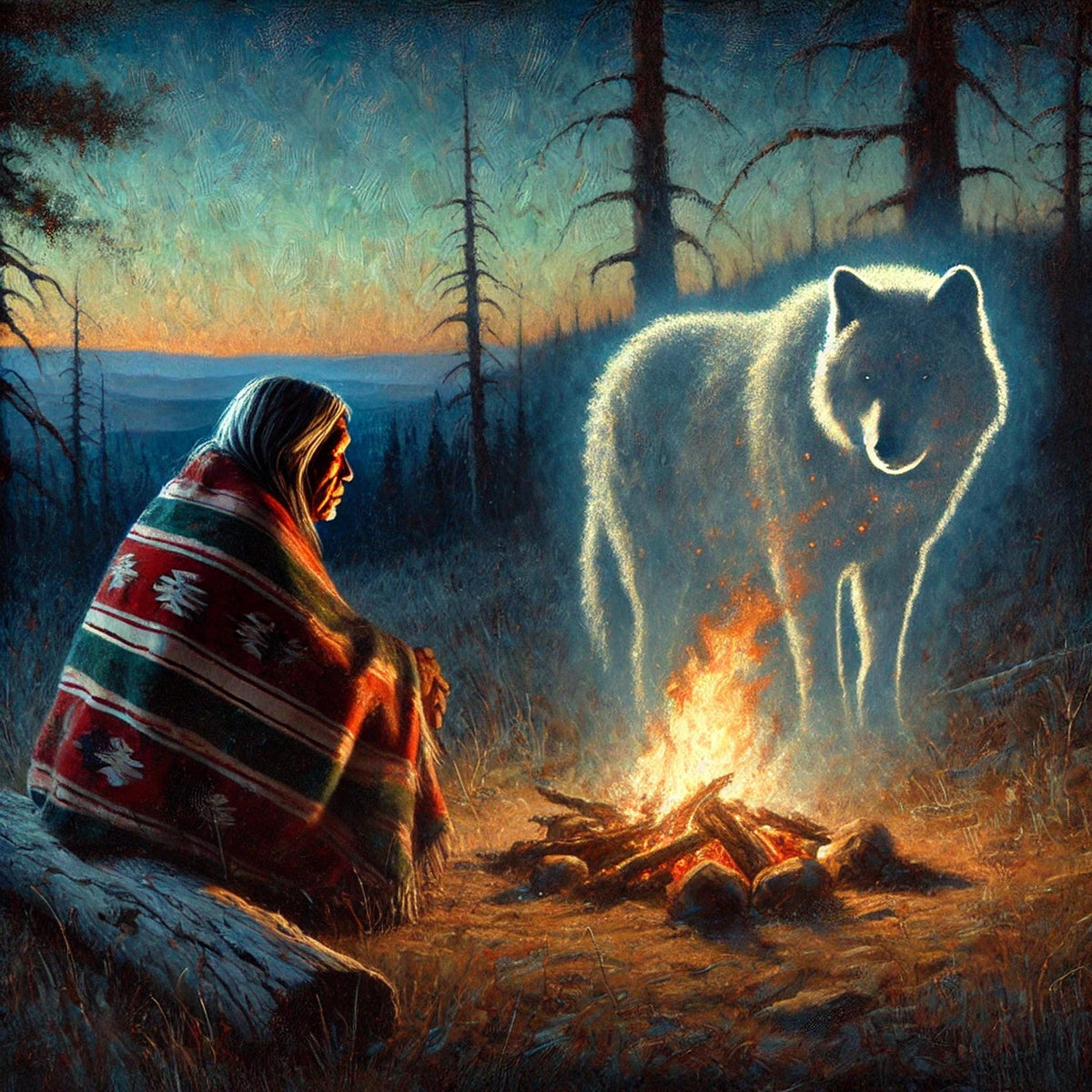 Indigenous Elder and Spirit Wolf Oil Painting Native American Spiritual Wall Art Guardian Animal Digital Art (Printable Instant Download)