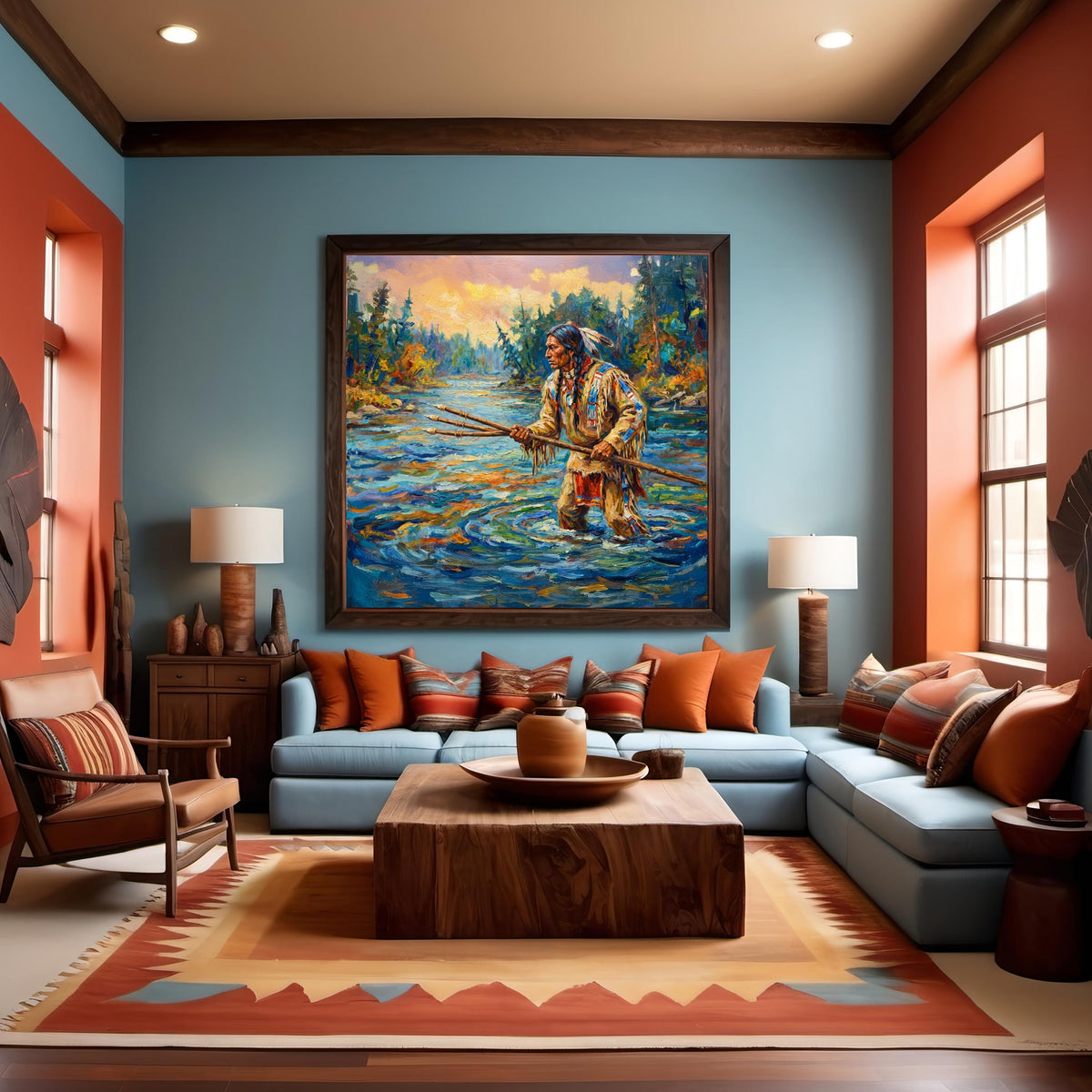 Native American Fishing Scene Oil Painting: Impressionist River Fisherman Vintage Home Decor Digital Art (Printable Instant Download)