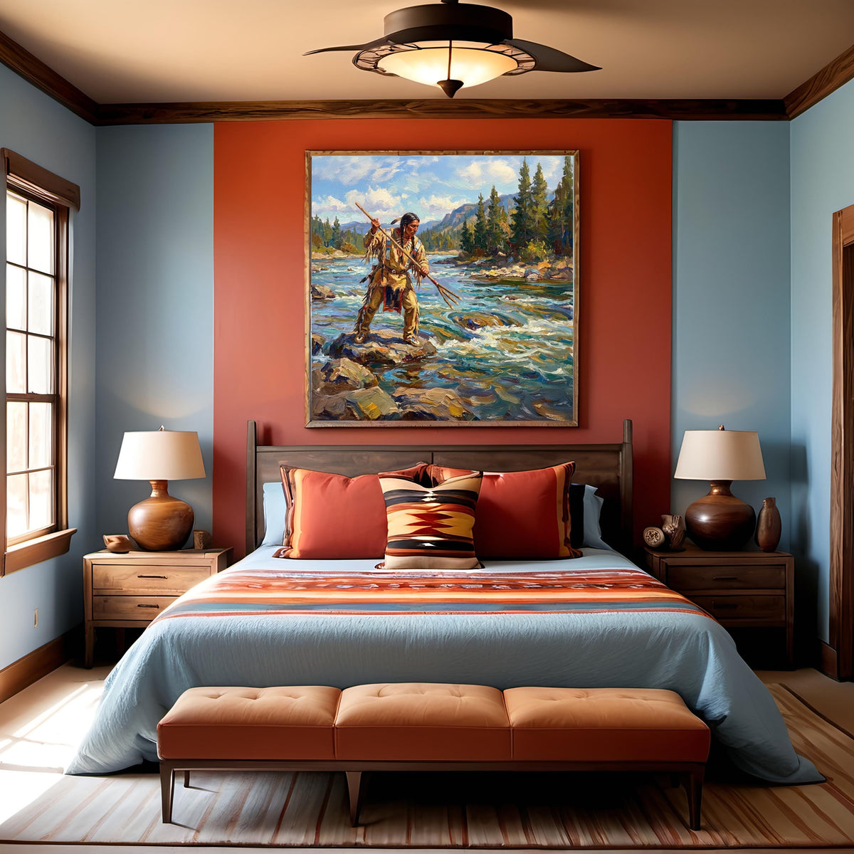 Native American Spear Fishing Oil Painting: Impressionist River Fisherman Cultural Wall Art (Printable Digital Download)
