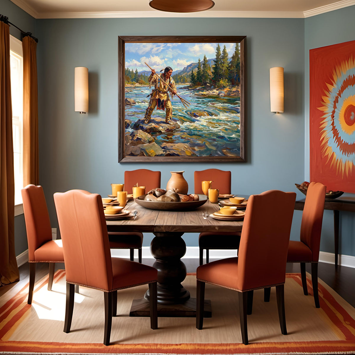 Native American Spear Fishing Oil Painting: Impressionist River Fisherman Cultural Wall Art (Printable Digital Download)