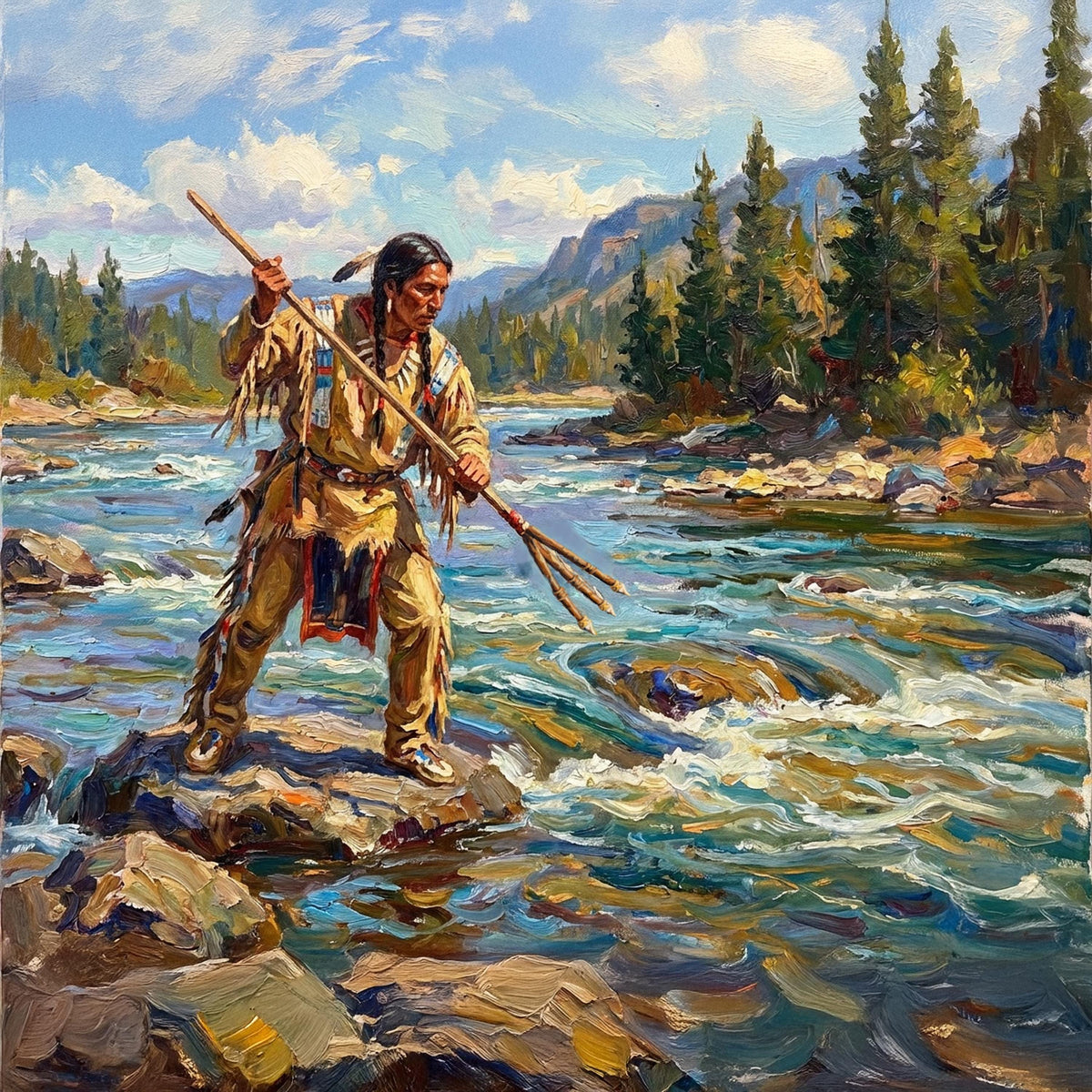 Native American Spear Fishing Oil Painting: Impressionist River Fisherman Cultural Wall Art (Printable Digital Download)