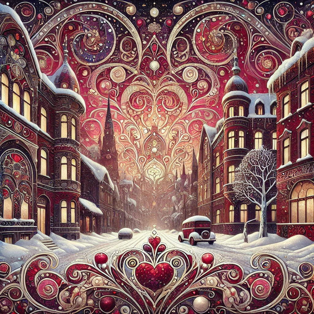 Klimt Valentine Art Print: Romantic Winter Cityscape (Digital Download)
