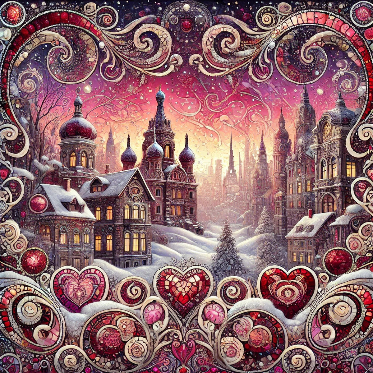 Klimt Valentine Cityscape Art: Romantic Winter Dream (Digital Download)