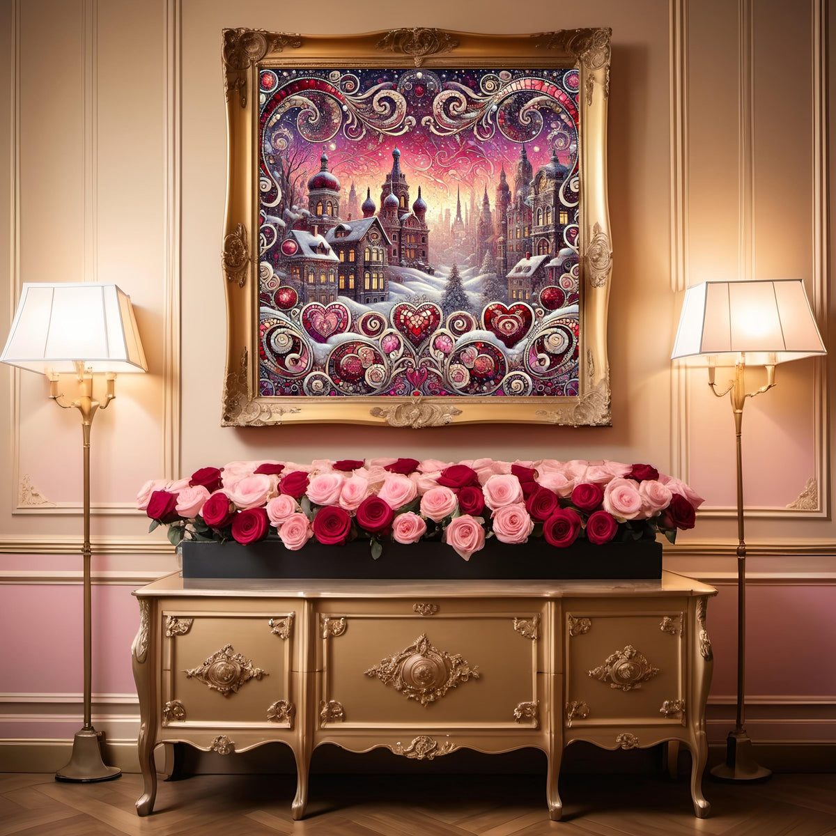 Klimt Valentine Cityscape Art: Romantic Winter Dream (Digital Download)