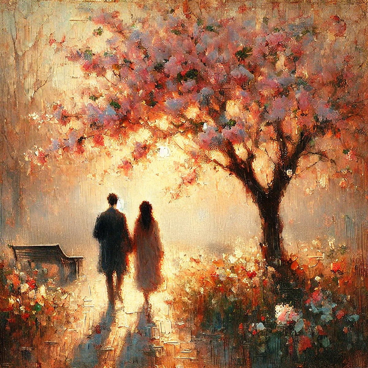 Romantic Couple Art Print | Vintage Impressionist Blossom Tree (Digital Download)