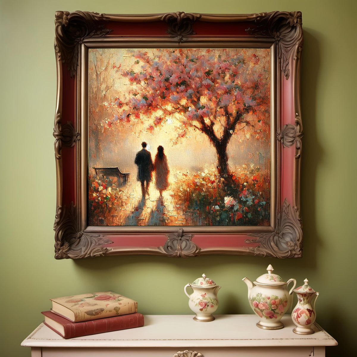 Romantic Couple Art Print | Vintage Impressionist Blossom Tree (Digital Download)