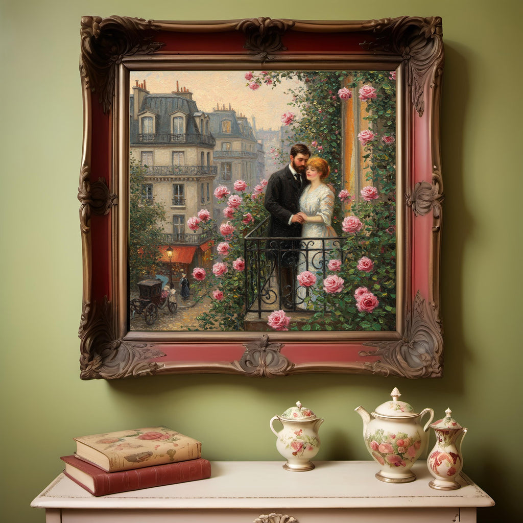 Romantic Paris Balcony Oil Painting: Vintage French Lovers Wall Art Digital Download (Printable)