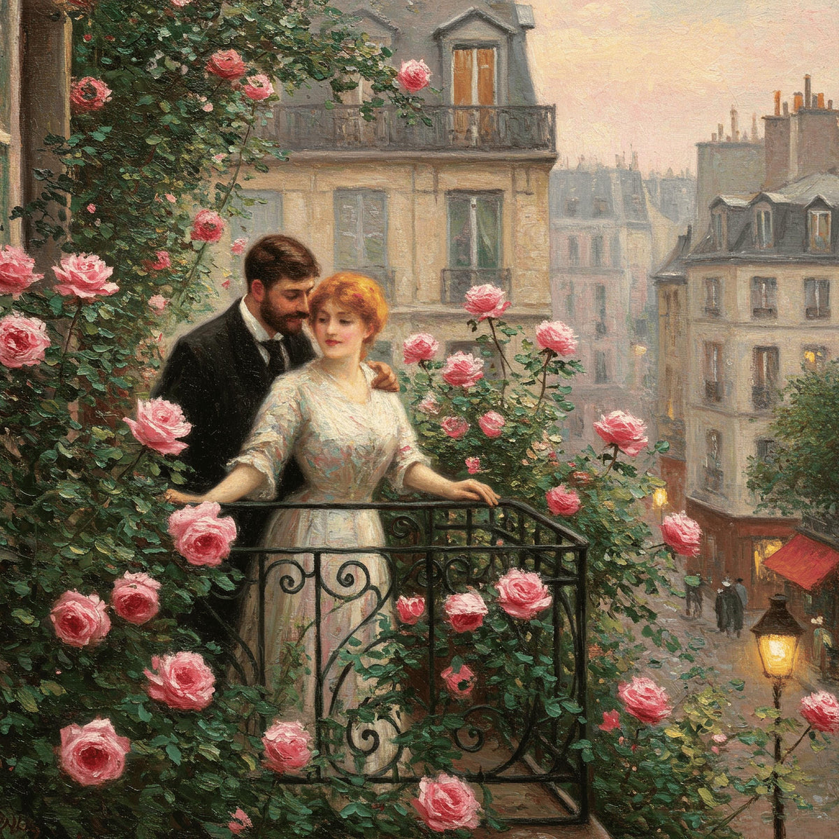 Parisian Balcony Rose Garden Painting: Vintage Romance Art (Digital Download)