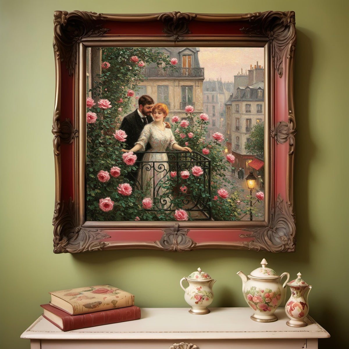 Parisian Balcony Rose Garden Painting: Vintage Romance Art (Digital Download)