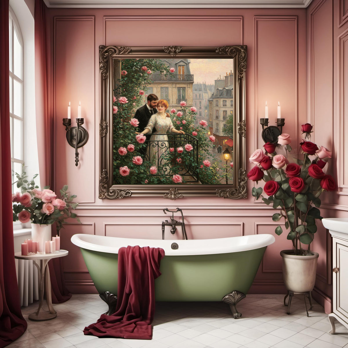 Parisian Balcony Rose Garden Painting: Vintage Romance Art (Digital Download)