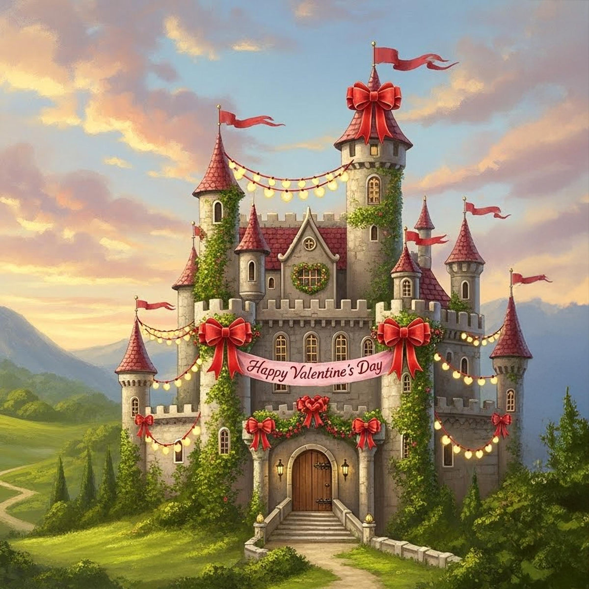 Valentine's Day Castle Art Print: Whimsical Storybook Oil Painting (Digital Download)
