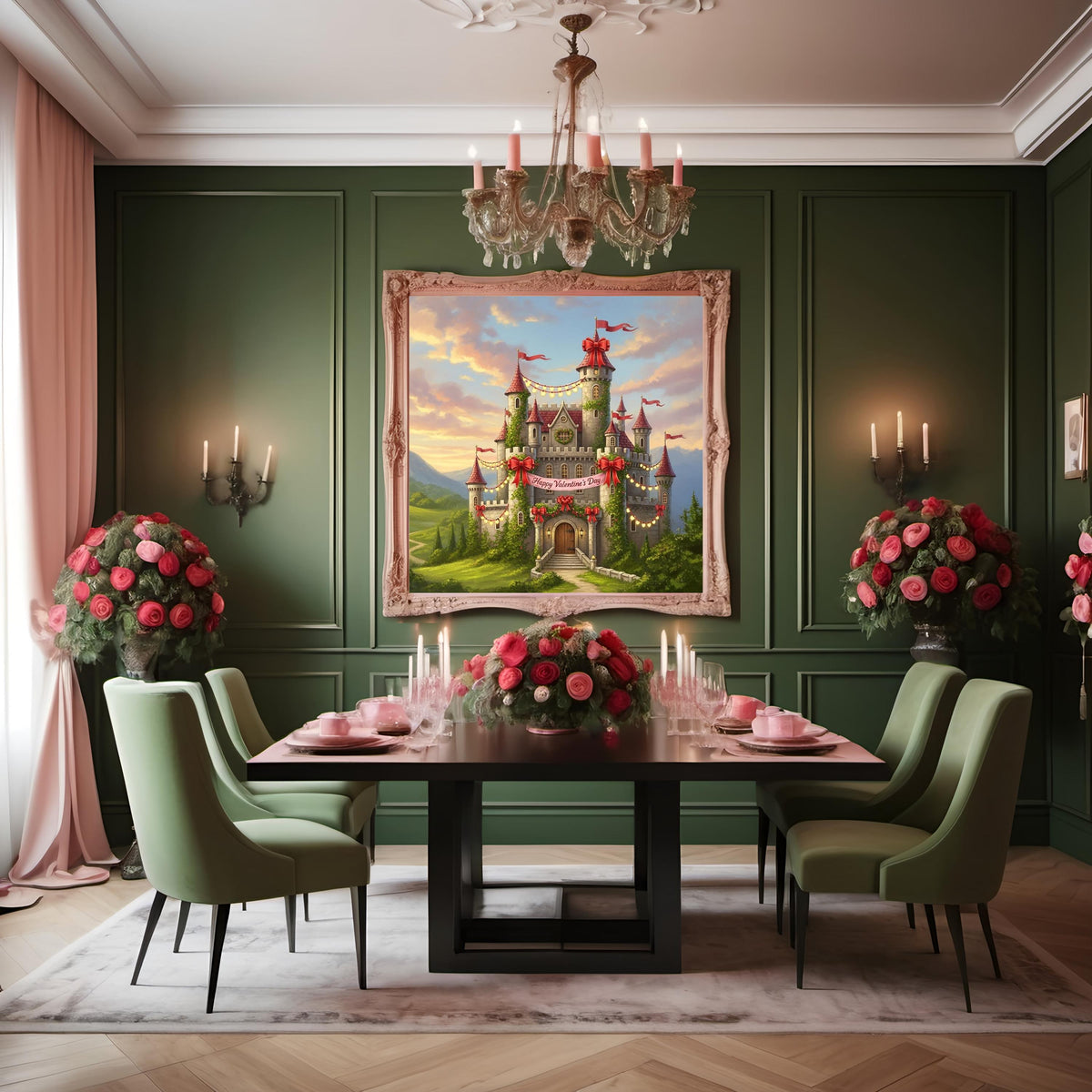 Valentine's Day Castle Art Print: Whimsical Storybook Oil Painting (Digital Download)