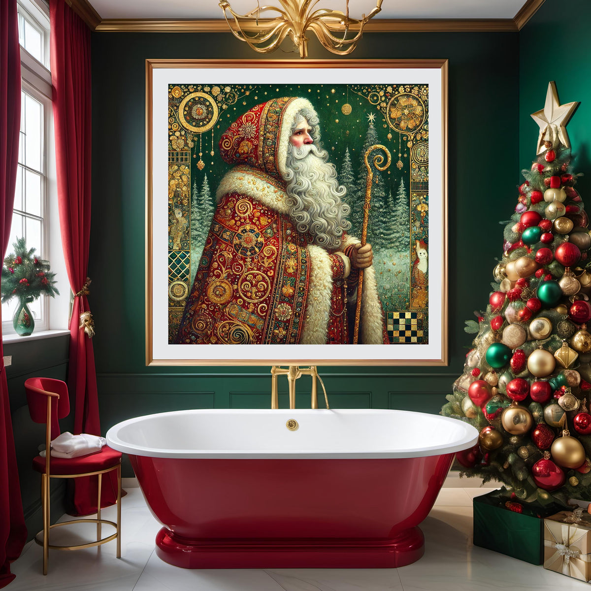 Victorian Santa Art Print: Vintage Christmas Wall Decor in Ornate Red Cloak (Digital Download)