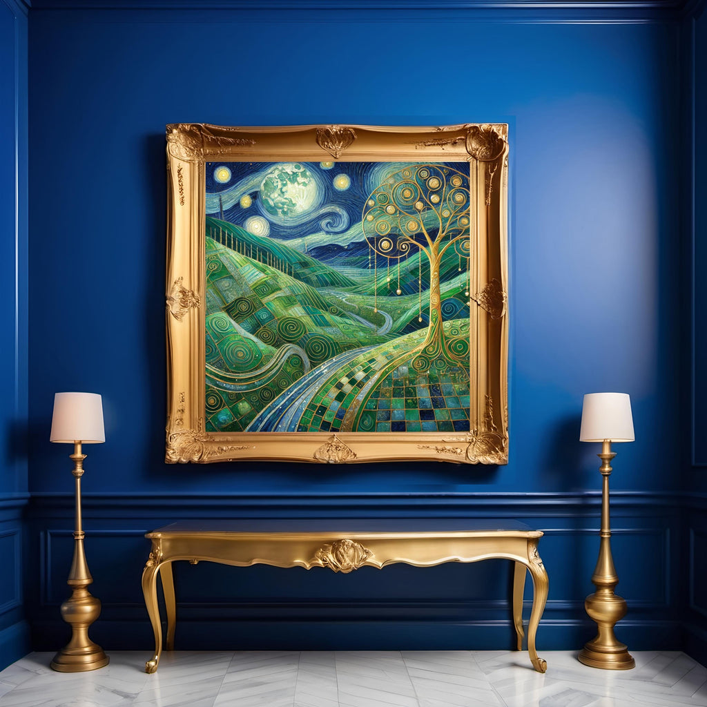 Emerald Moon Valley Landscape Print: Klimt Inspired Night Irish Wall Art Digital Art Download
