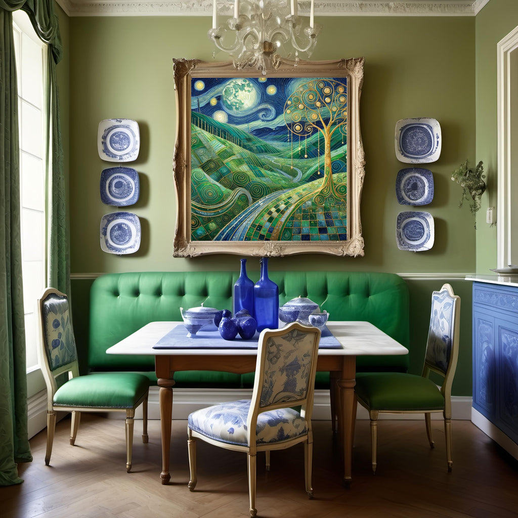 Emerald Moon Valley Landscape Print: Klimt Inspired Night Irish Wall Art Digital Art Download