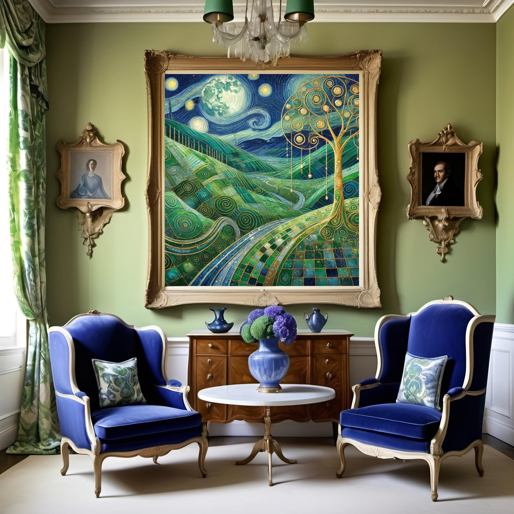 Emerald Moon Valley Landscape Print: Klimt Inspired Night Irish Wall Art Digital Art Download
