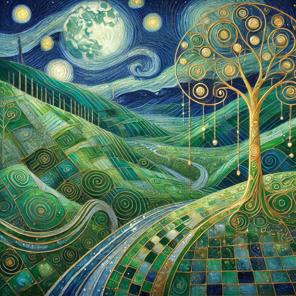 Emerald Moon Valley Landscape Print: Klimt Inspired Night Irish Wall Art Digital Art Download