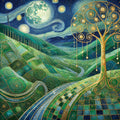 Emerald Moon Valley Landscape Print: Klimt Inspired Night Irish Wall Art Digital Art Download