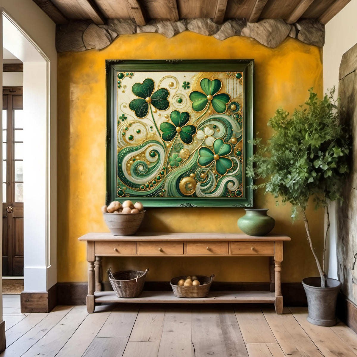 Emerald Shamrock Flow Print: Klimt Inspired Irish Wall Art Green Gold Digital Art Download