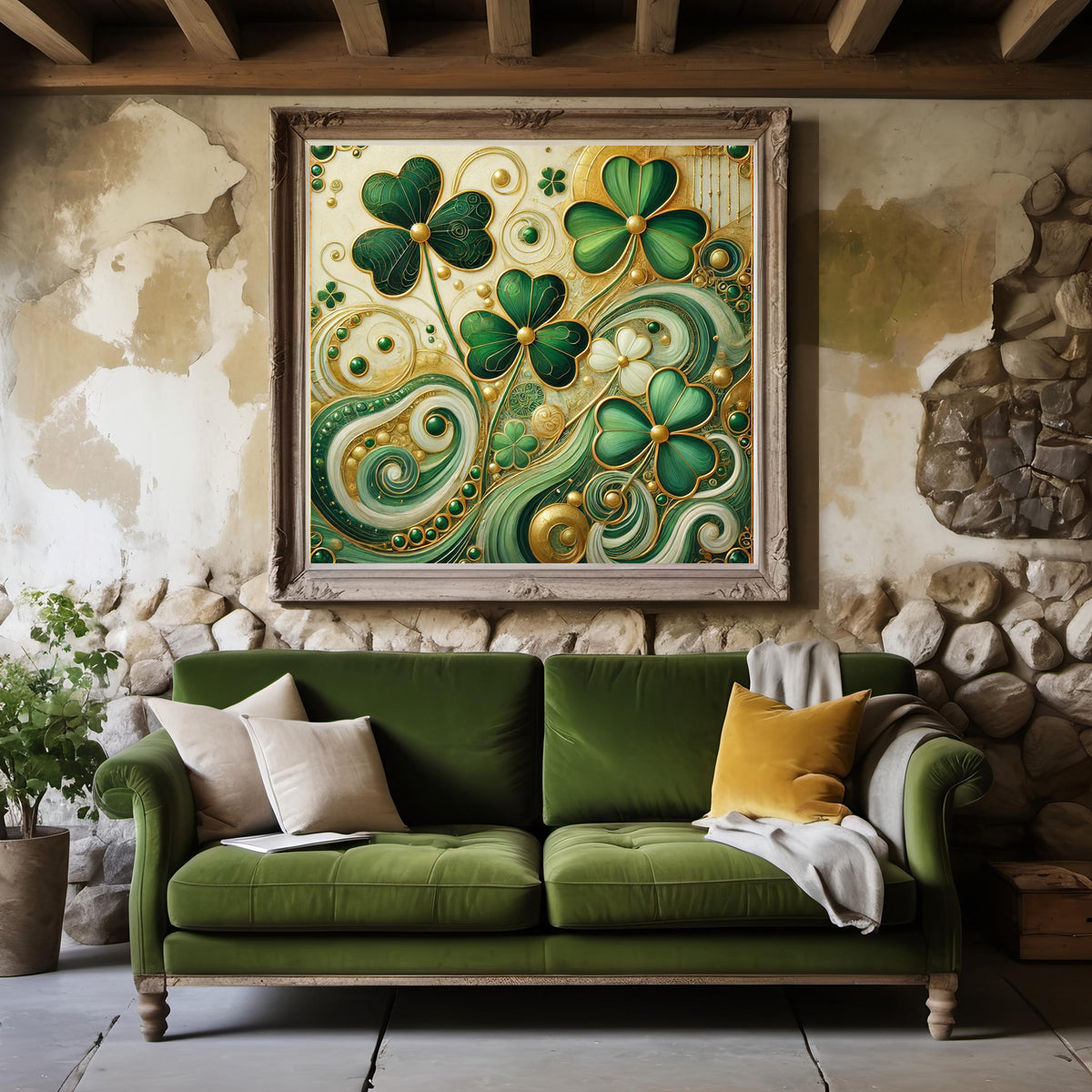 Emerald Shamrock Flow Print: Klimt Inspired Irish Wall Art Green Gold Digital Art Download