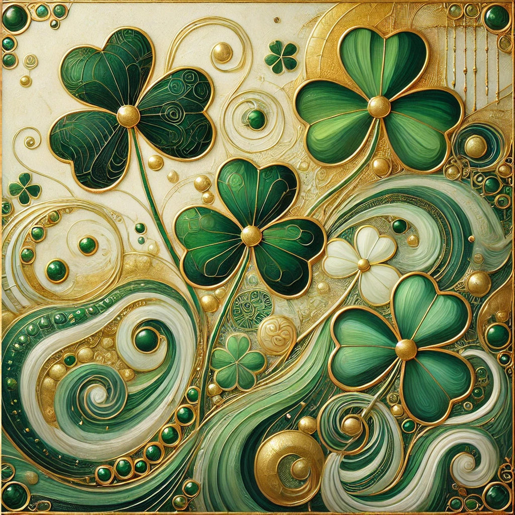 Emerald Shamrock Flow Print: Klimt Inspired Irish Wall Art Green Gold Digital Art Download