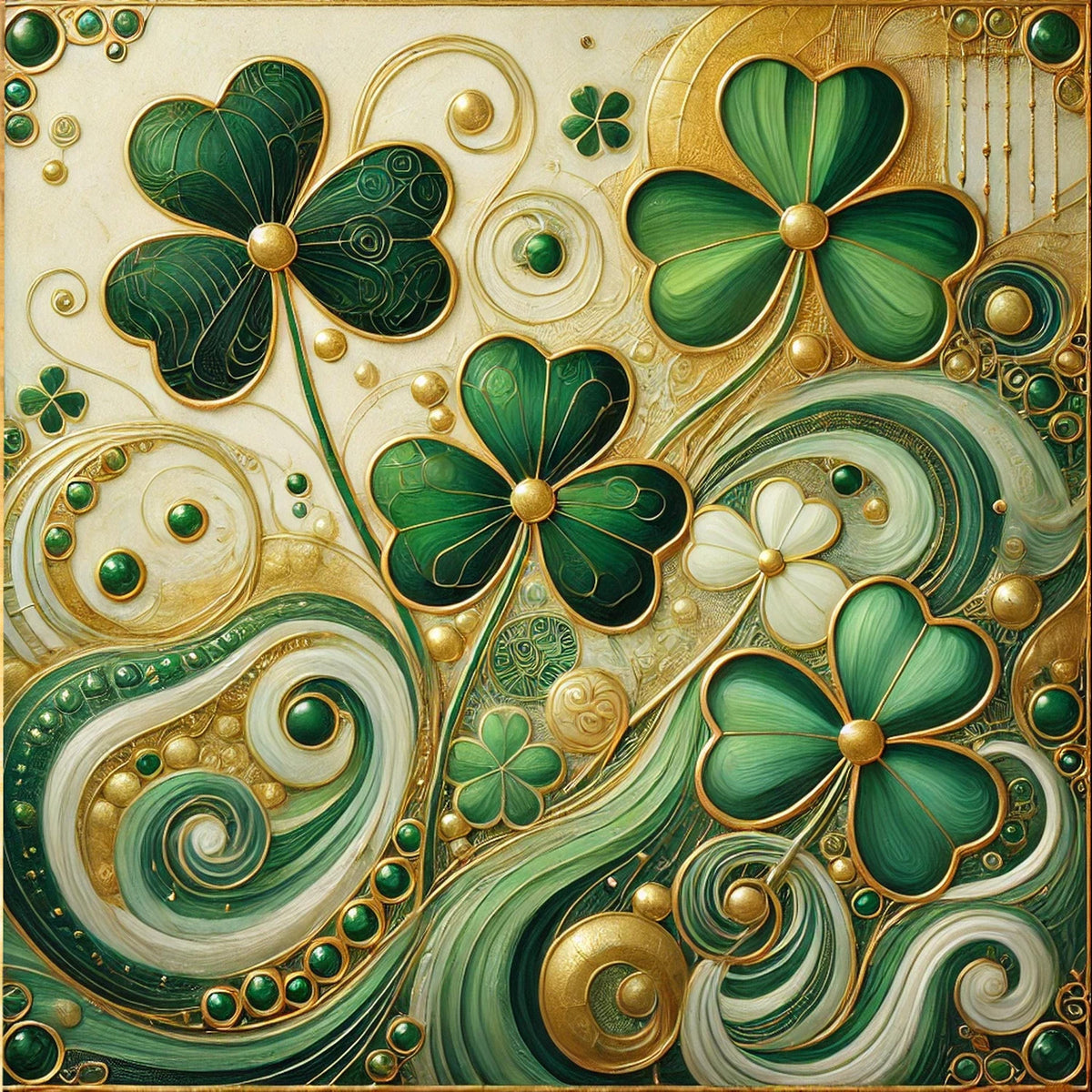 Emerald Shamrock Flow Print: Klimt Inspired Irish Wall Art Green Gold Digital Art Download