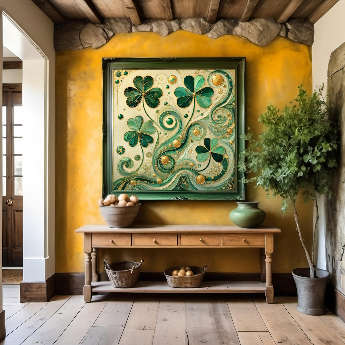 Golden Shamrock Abstraction Print: Klimt Inspired Irish Wall Art Emerald Green Digital Art Download