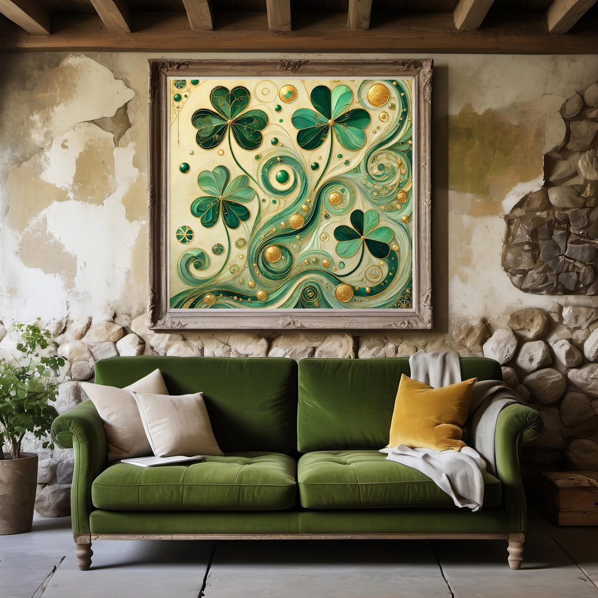 Golden Shamrock Abstraction Print: Klimt Inspired Irish Wall Art Emerald Green Digital Art Download