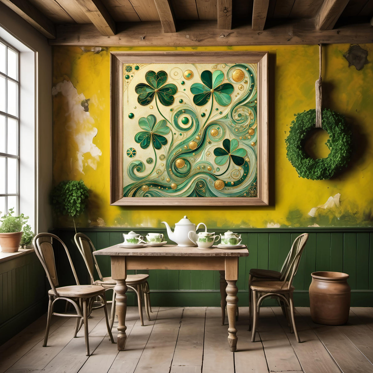 Golden Shamrock Abstraction Print: Klimt Inspired Irish Wall Art Emerald Green Digital Art Download