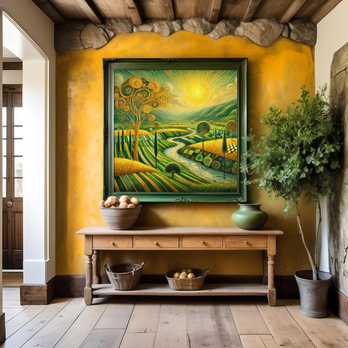Golden Irish Valley Landscape Print: Klimt Inspired Green Countryside Wall Art Digital Art Download