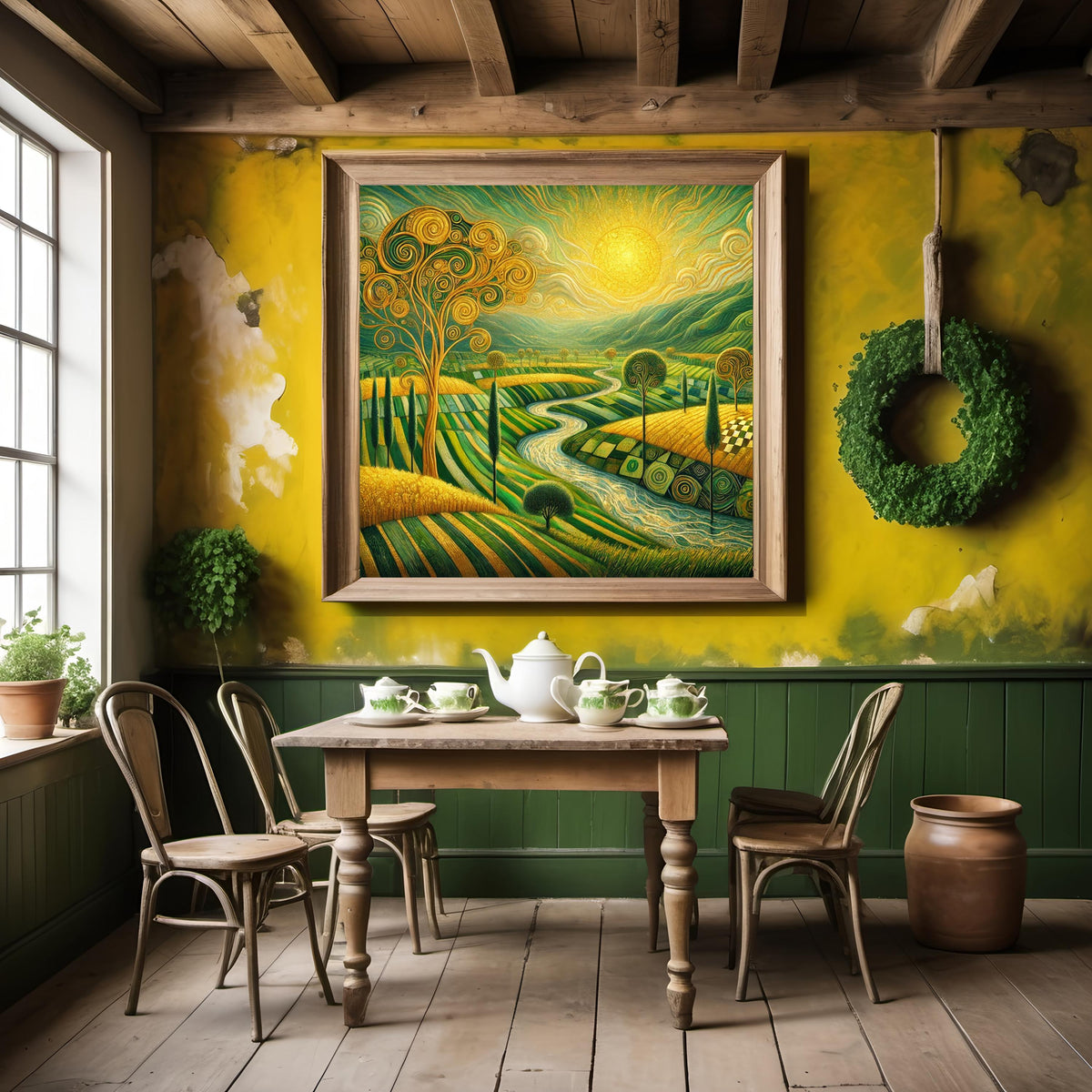 Golden Irish Valley Landscape Print: Klimt Inspired Green Countryside Wall Art Digital Art Download