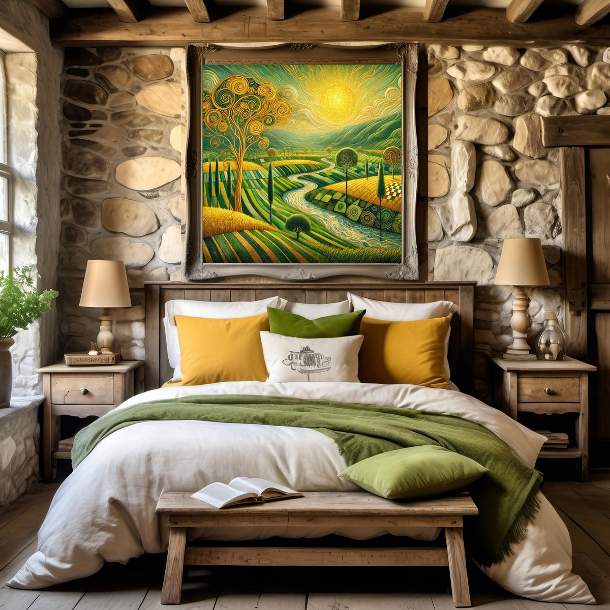 Golden Irish Valley Landscape Print: Klimt Inspired Green Countryside Wall Art Digital Art Download