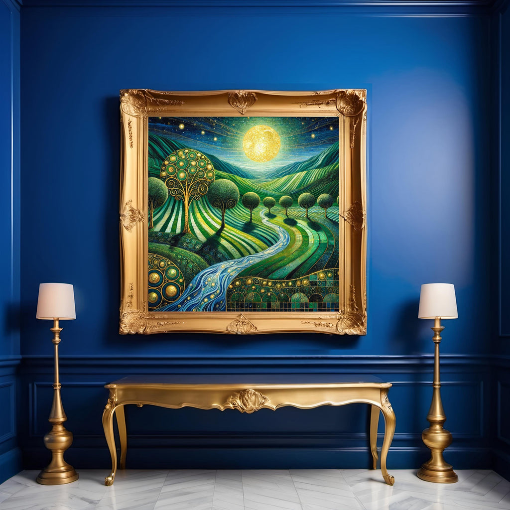 Golden Moon Valley Landscape Print: Klimt Inspired Irish Night Wall Art Digital Art Download