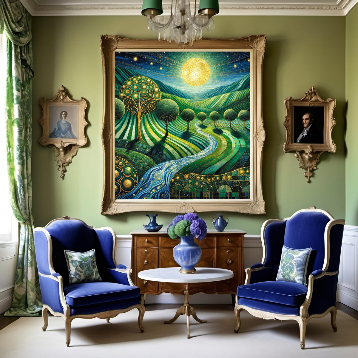 Golden Moon Valley Landscape Print: Klimt Inspired Irish Night Wall Art Digital Art Download