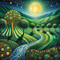 Golden Moon Valley Landscape Print: Klimt Inspired Irish Night Wall Art Digital Art Download