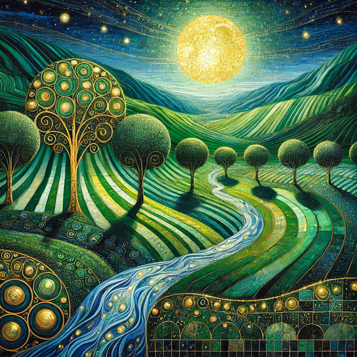 Golden Moon Valley Landscape Print: Klimt Inspired Irish Night Wall Art Digital Art Download