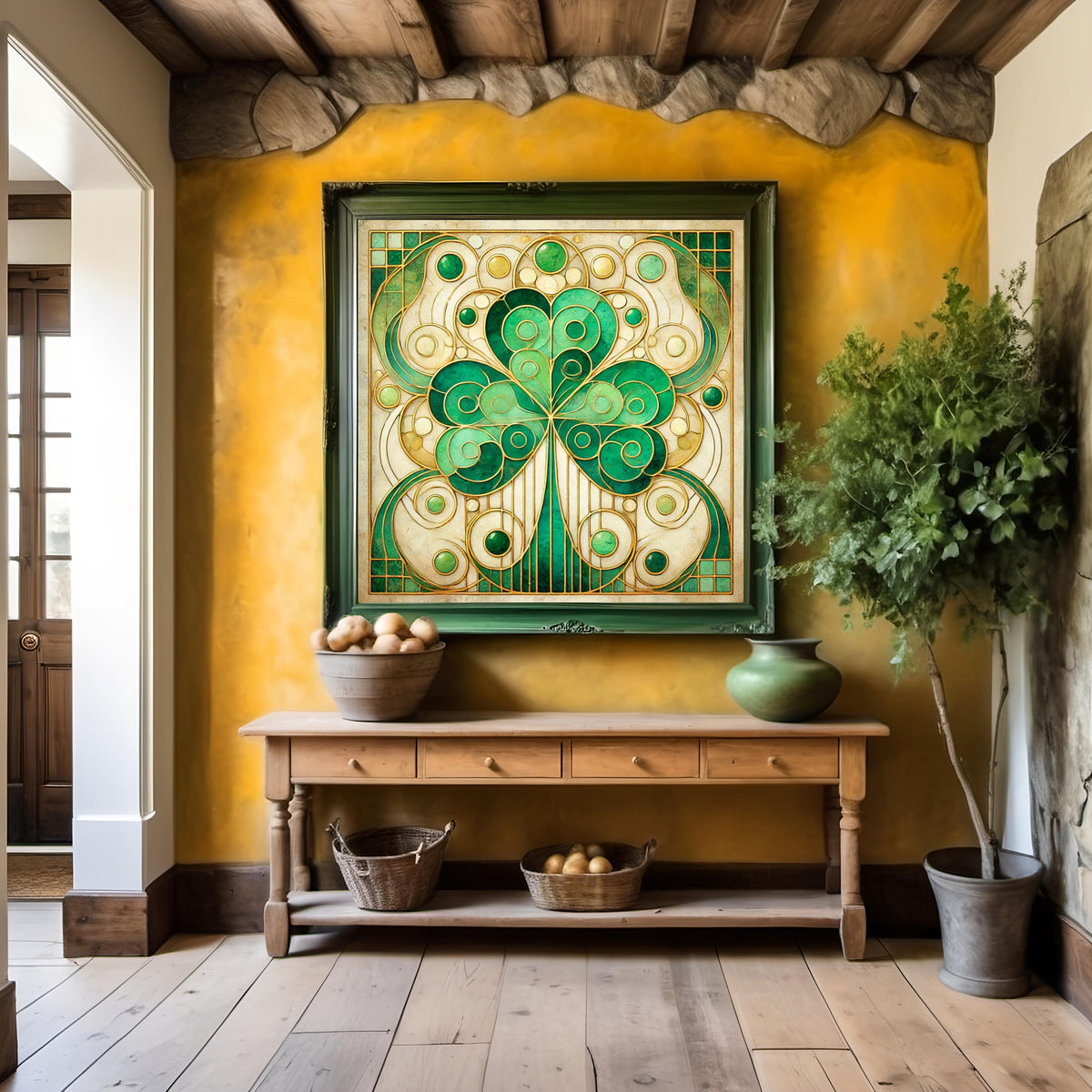 Sacred Shamrock Art Nouveau Print: Klimt Inspired Irish Clover Wall Decor Digital Art Download