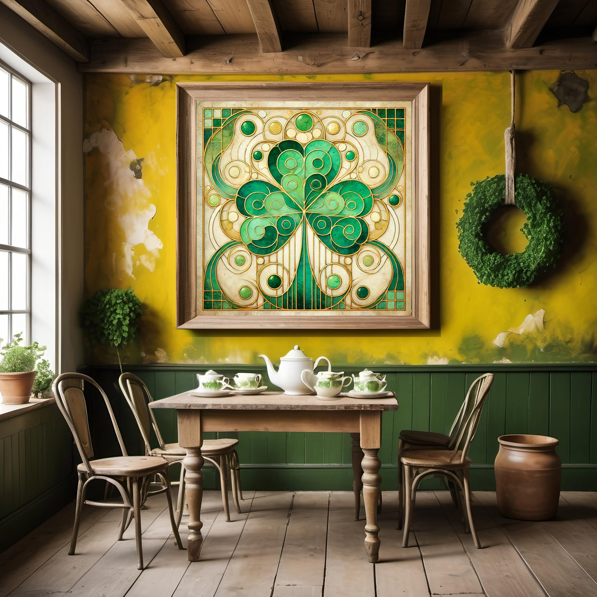 Sacred Shamrock Art Nouveau Print: Klimt Inspired Irish Clover Wall Decor Digital Art Download