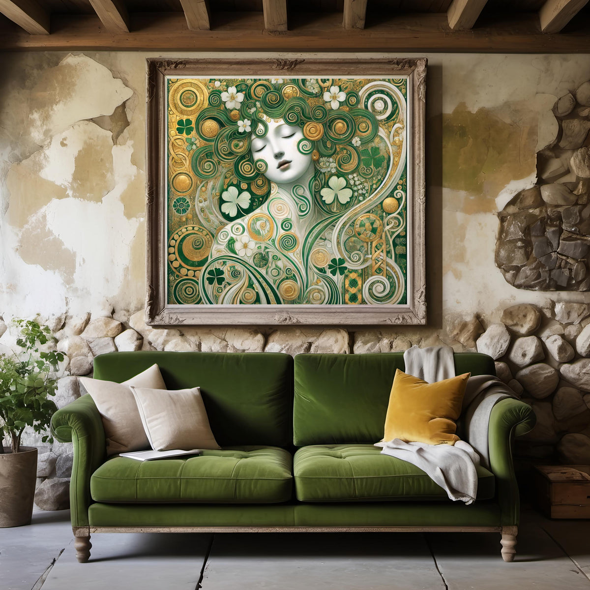Emerald Irish Goddess Print: Klimt Inspired Celtic Woman Green Gold Digital Art Download