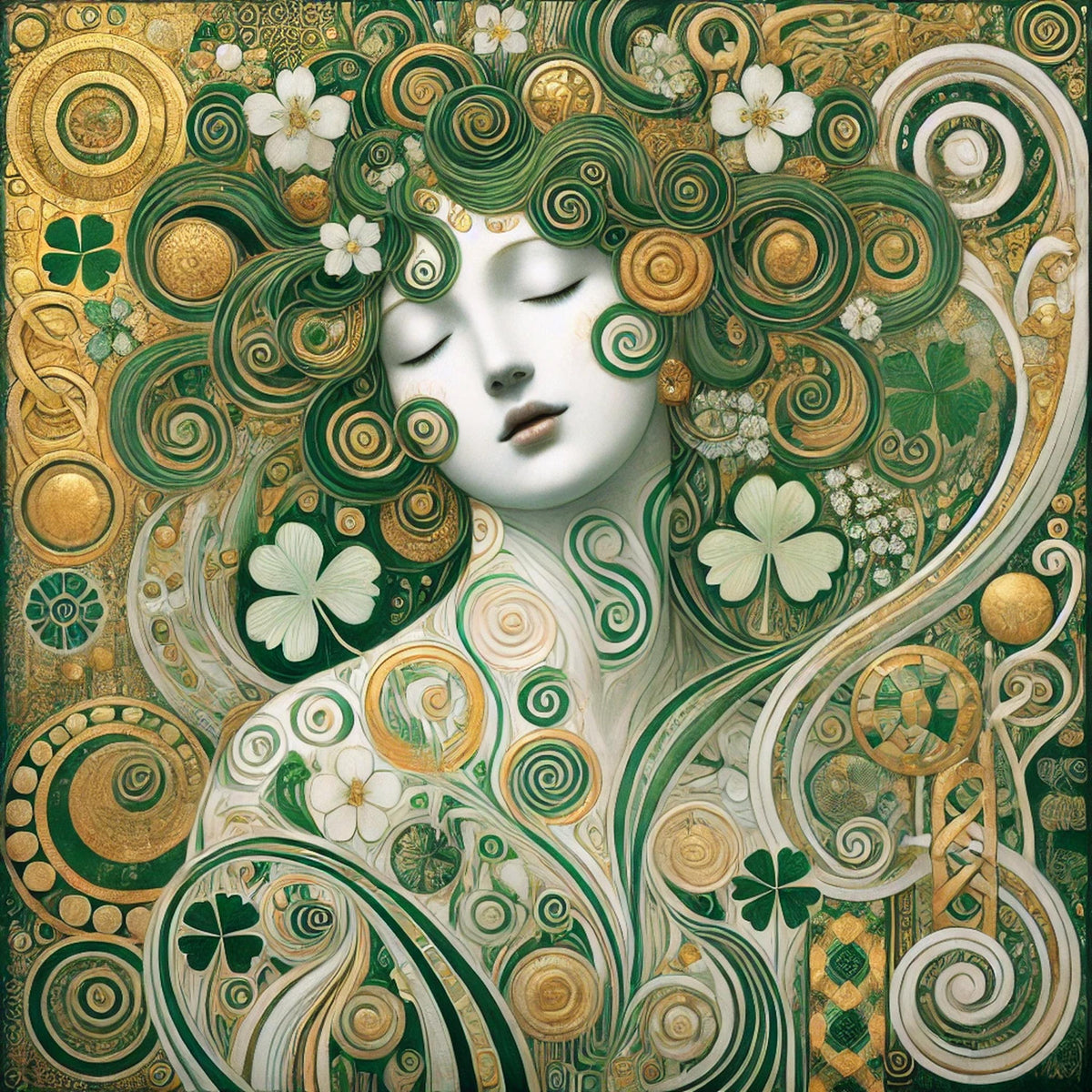 Emerald Irish Goddess Print: Klimt Inspired Celtic Woman Green Gold Digital Art Download