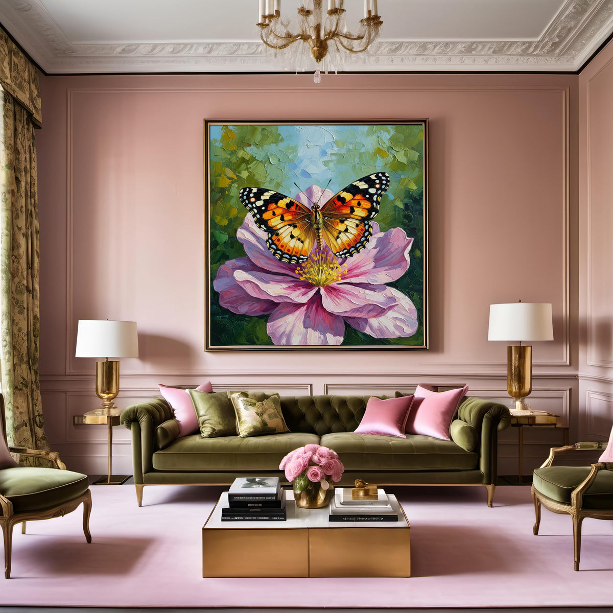 Painted Lady Butterfly Oil Painting, Pink Flower Art (Digital Download)