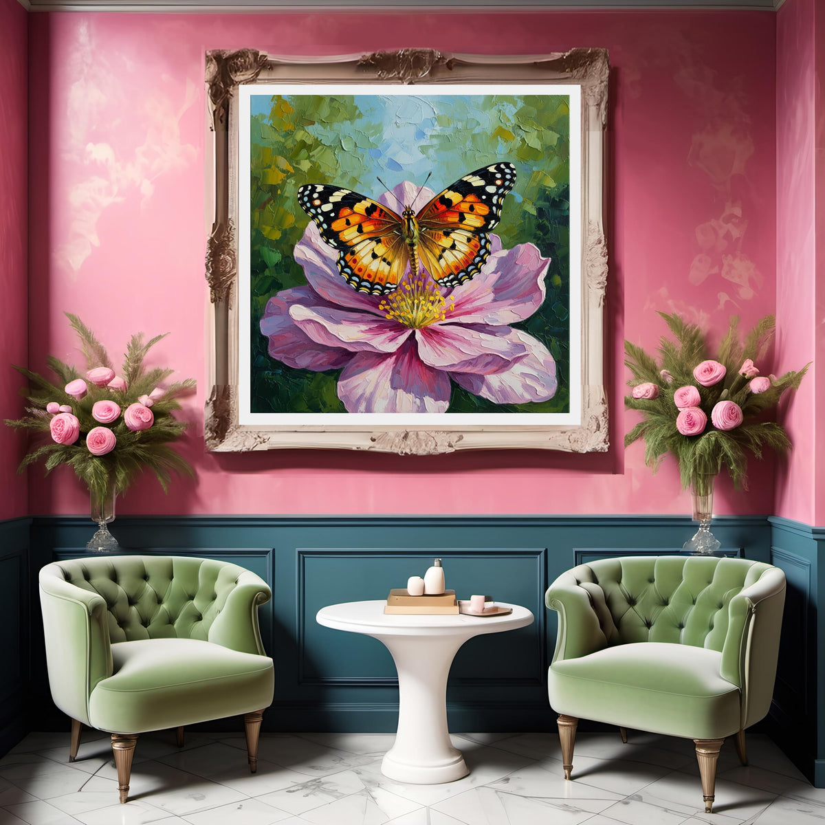 Painted Lady Butterfly Oil Painting, Pink Flower Art (Digital Download)