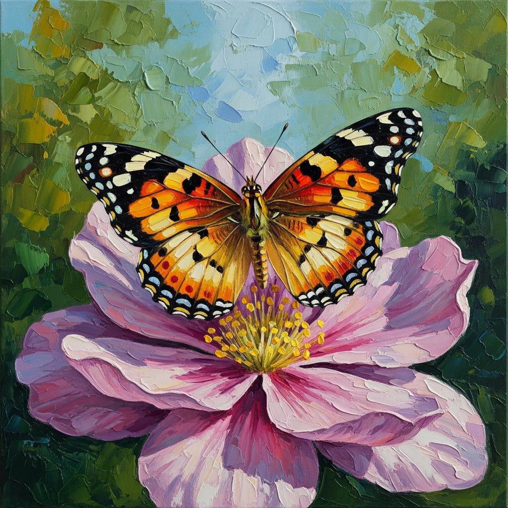 Painted Lady Butterfly Oil Painting, Pink Flower Art (Digital Download)