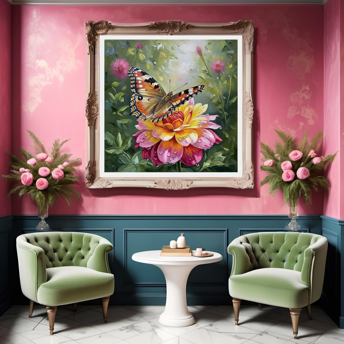 Butterfly Dahlia Oil Painting, Dew Kissed Floral Art (Digital Download)