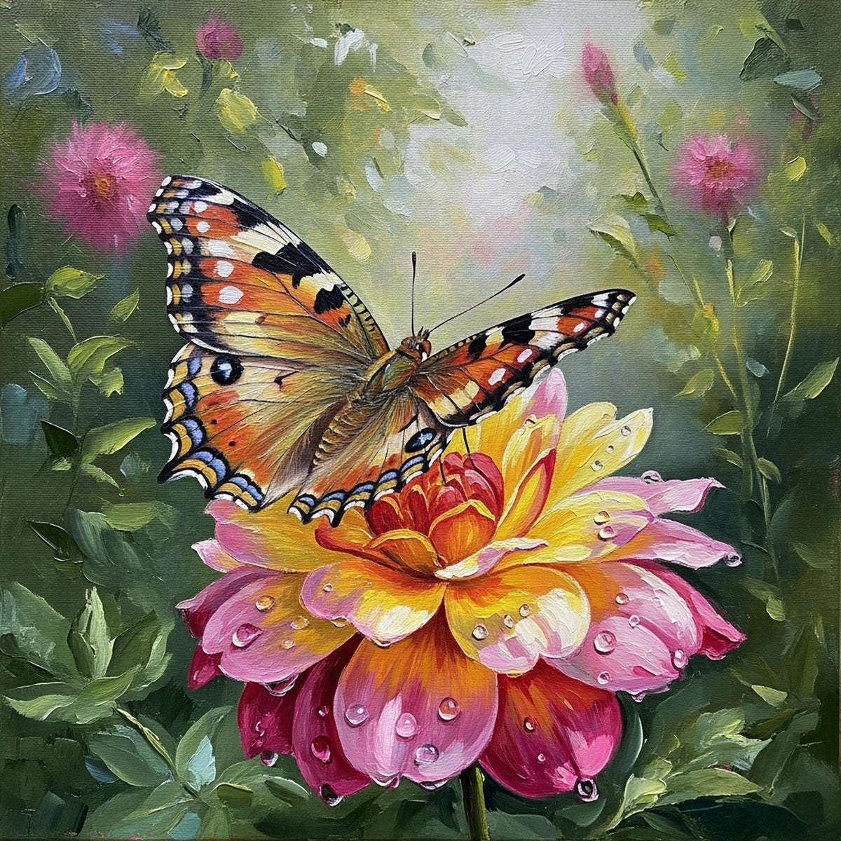 Butterfly Dahlia Oil Painting, Dew Kissed Floral Art (Digital Download)