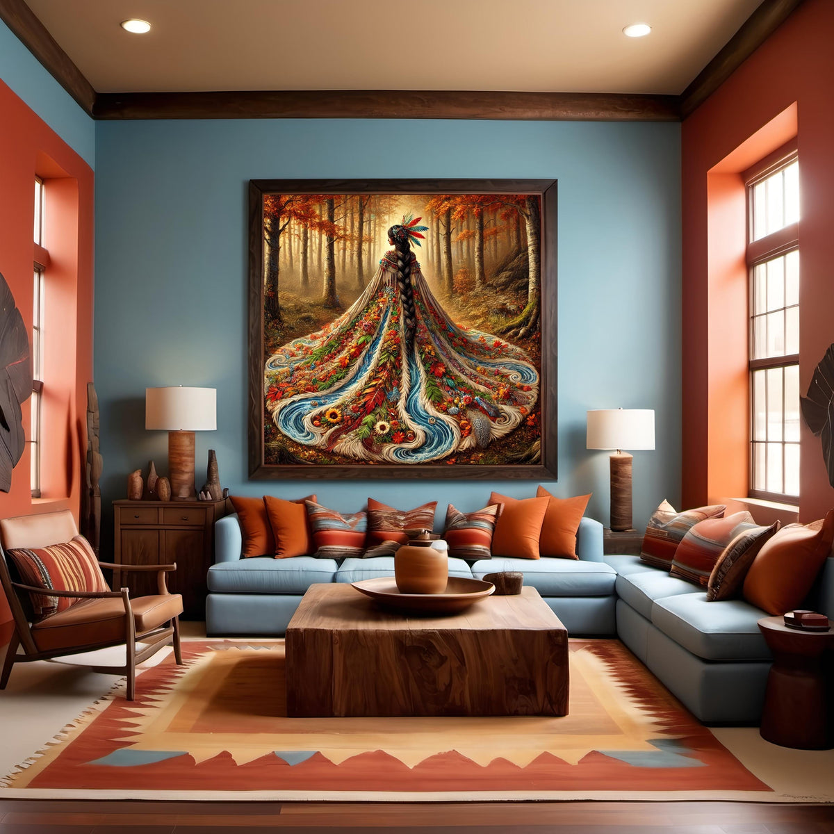 Autumn Spirit Woman Art Print: River Gown, Forest Scene (Digital Download)