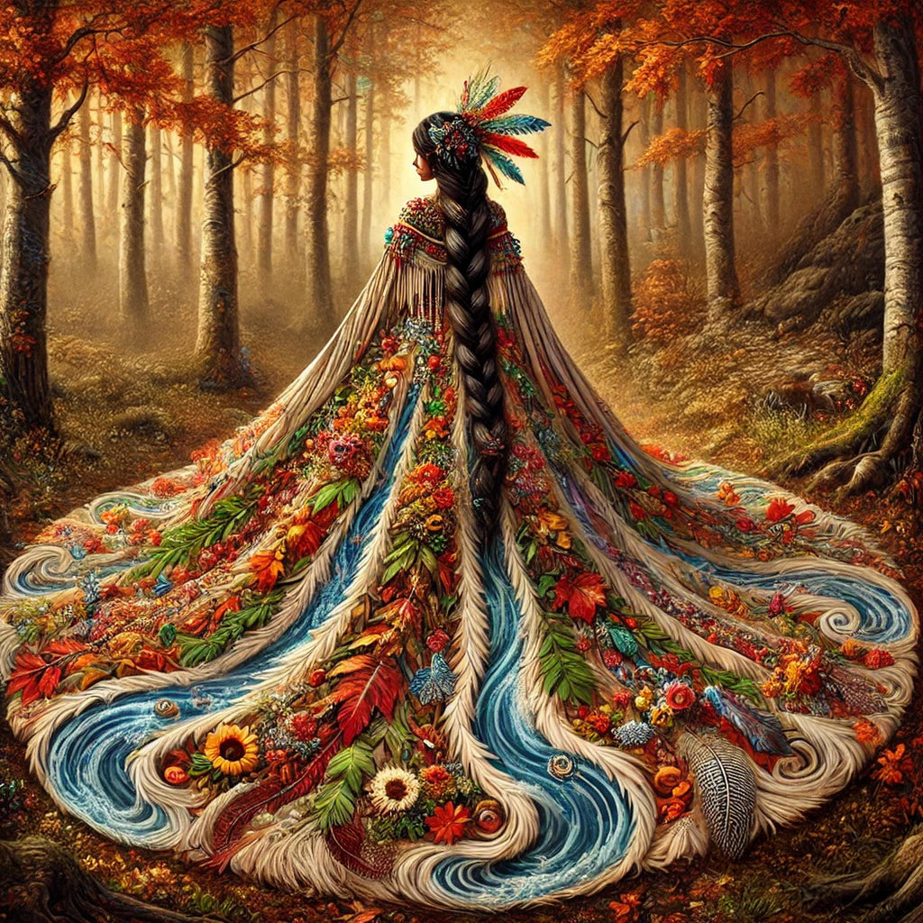 Autumn Spirit Woman Art Print: River Gown, Forest Scene (Digital Download)